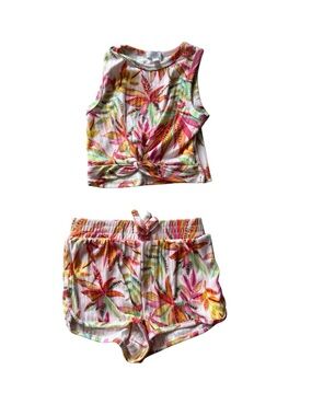 btween Floral Leaf Tie-Front Tank & Shorts Set - White with Pink, Yellow, Green